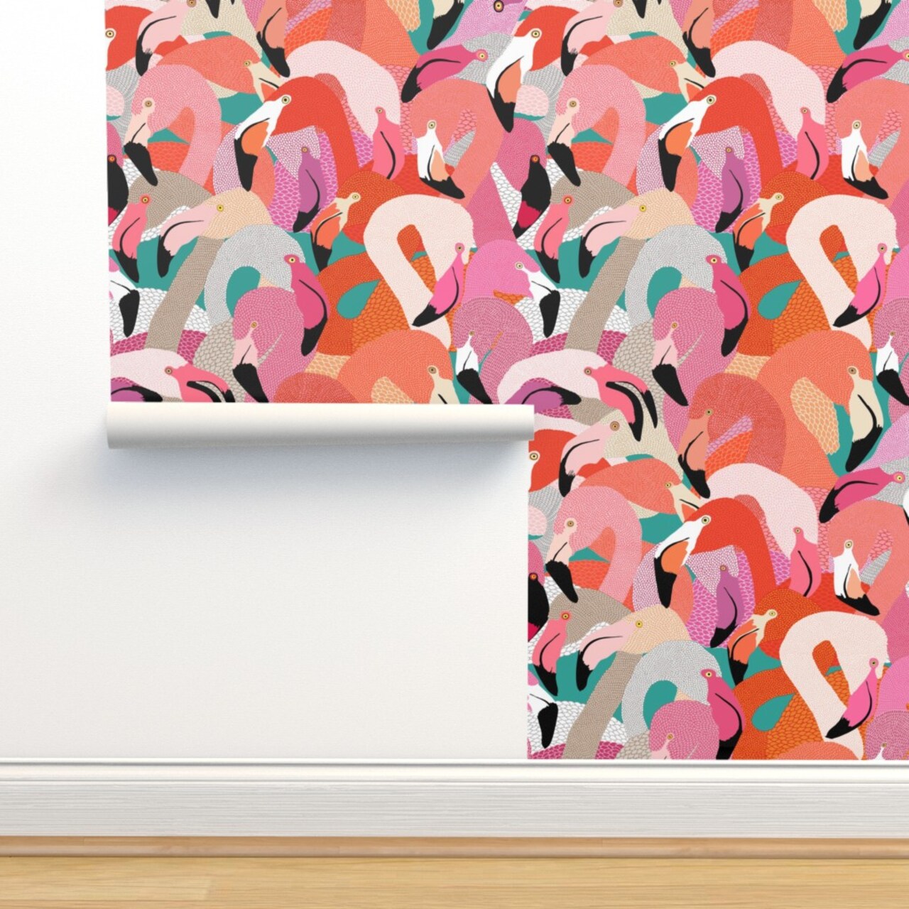Orange Pink Large Flamingo Bird Feathers Tropical Florida Coastal Collage Illustration Beach House Custom Pre-pasted Wallpaper by Spoonflower Pre-Pasted Wallpaper 2FT Wide